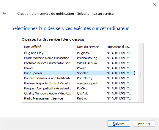 Service selection page of the service notification wizard