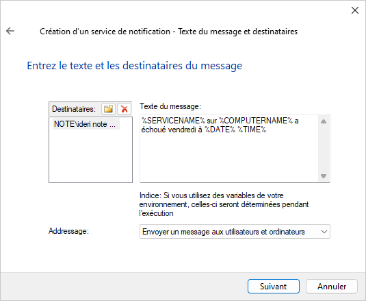 Message text and recipients selection page of the service notification wizard