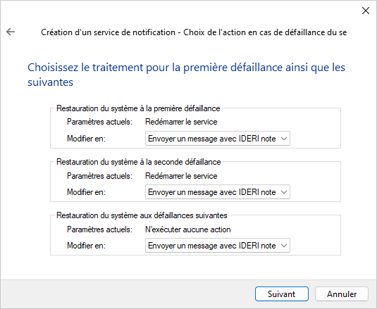 Service action choice page of the service notification wizard