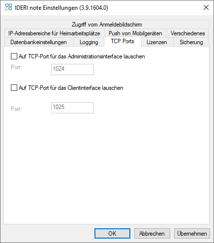 Die Seite mit den Einstellungen für die TCP Ports mit Standardeinstellungen