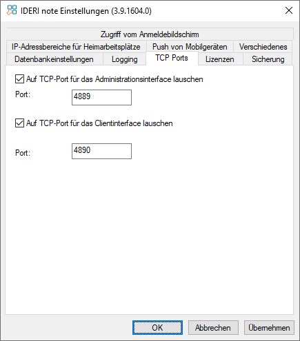 Angabe von dezidierten TCP Ports im IDERI note Systemsteuerungsapplet