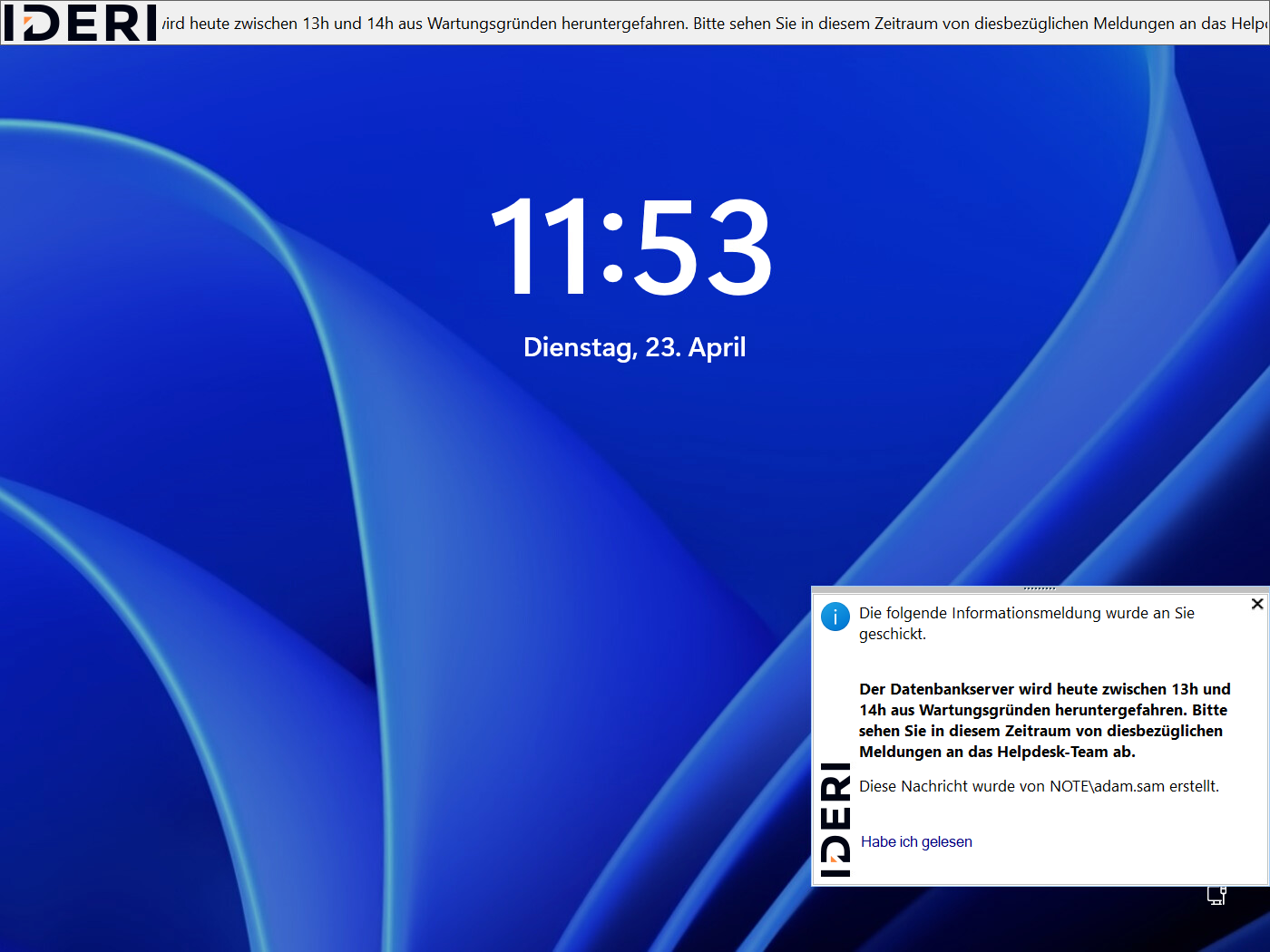 Der Windows® 10 Benutzersperrbildschirm mit einem Nachrichtenfenster und dem Ticker