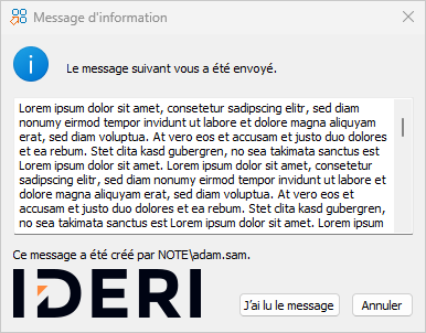 A message that is too long for the new messenger like user interface of the IDERI note client version 2.2 displayed in a version 2.0 message window