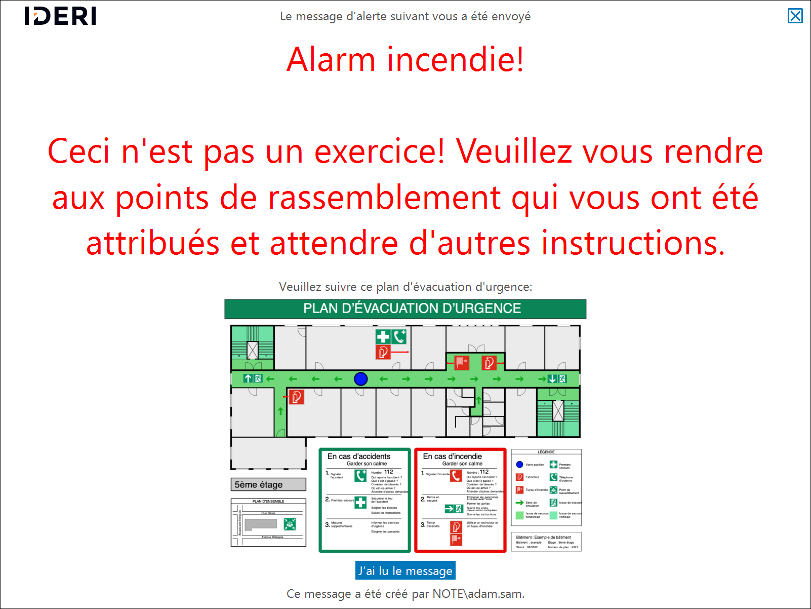 Exemple de message en plein écran montrant un plan d'évacuation d'urgence comme lien hypertexte