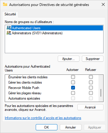 Paramètre de stratégie de sécurité générale « Recevoir un push mobile »