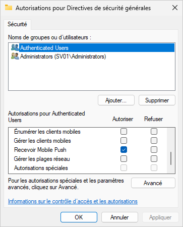 Paramètre de stratégie de sécurité générale « Recevoir un push mobile »