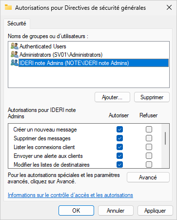 General security policy settings with the group 'IDERI note Admins' added and all access rights selected