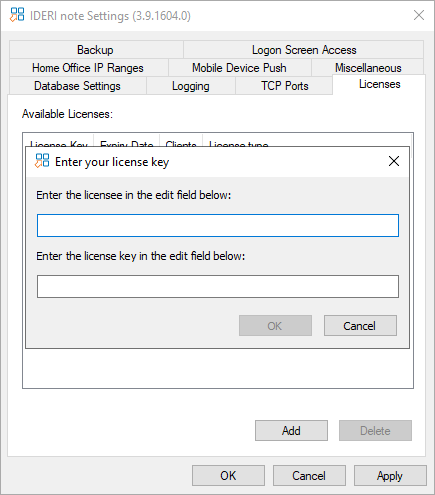 Dialog for entering license information