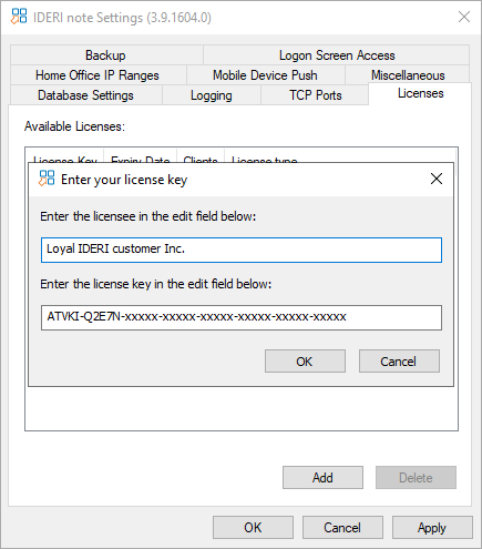 Licensing information entered in the dialog