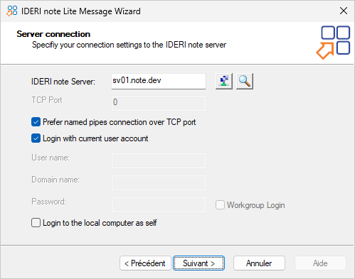 Server connection wizard page