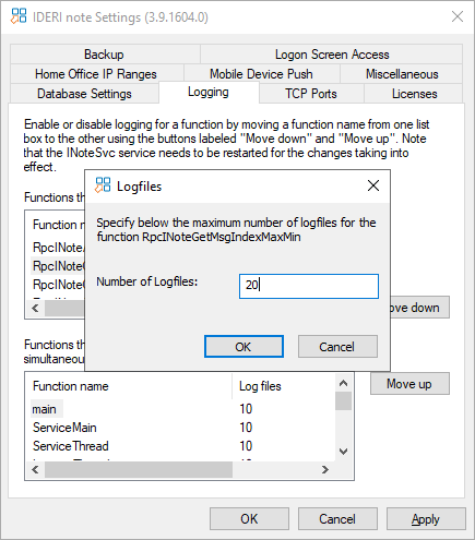 Specifying the maximum number of log files per function/thread