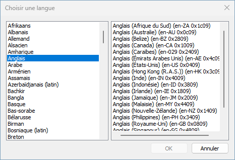 Sélection de la langue primaire "Anglais"