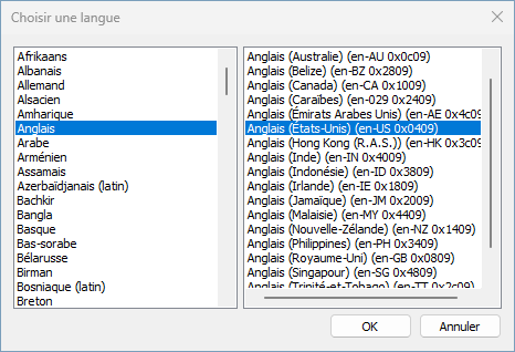 Sélection de la sous-langue "Anglais (États unis)"