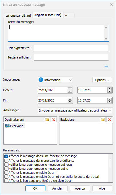 Vue initiale de la version anglaise du message multilingue