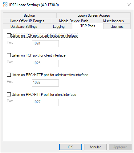 The TCP Ports page of the IDERI note control panel applet with default settings