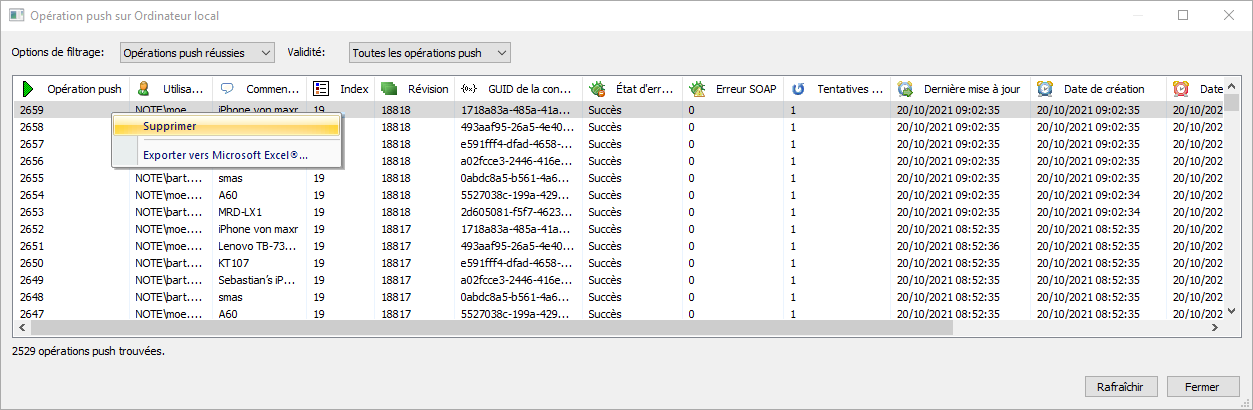 Menu contextuel dans la fenêtre de dialogue de présentation des opérations push
