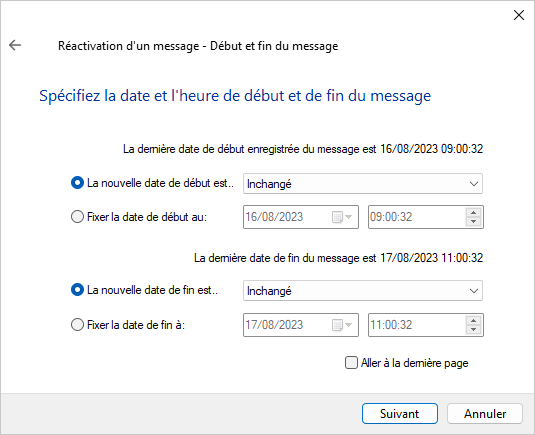 Message start and end time page of the message reactivation wizard