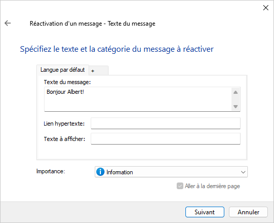 Message text and importance page of the message reactivation wizard