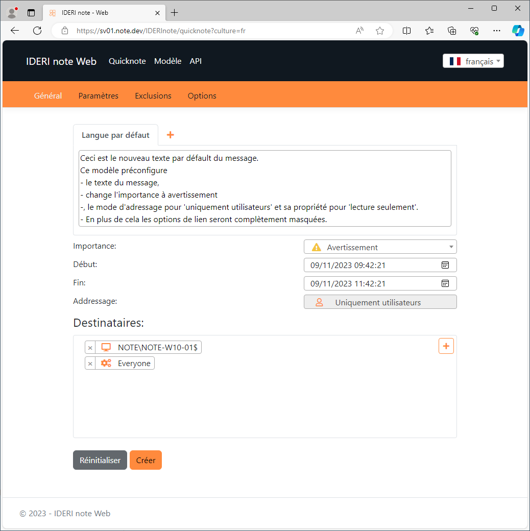 Interface QuickNote avec un modèle par défaut personnalisé